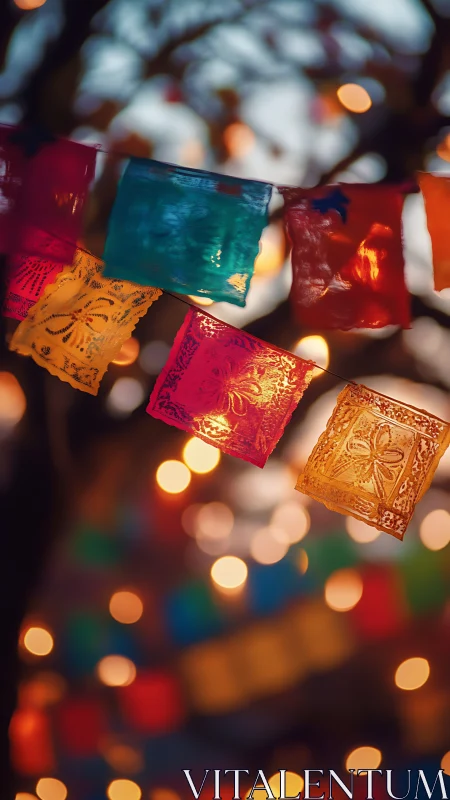Colorful papel picado banners glowing over blurred lights.