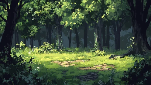 Sunlit Forest Clearing with Luminous Canopy and Verdant Ground Layer