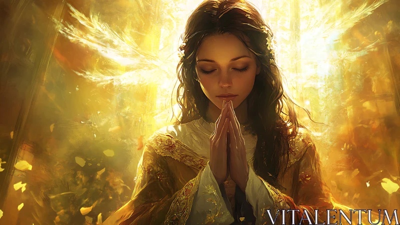 Serene woman in prayer amid golden ethereal light.
