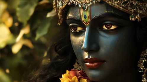 Divine blue-faced deity portrait with jeweled golden crown