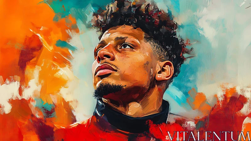 Fiery gridiron portrait blazing through painterly clouds.