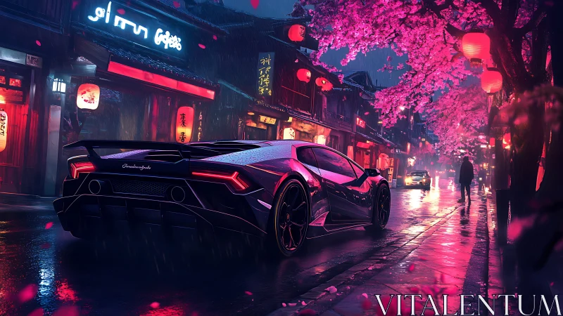 Sleek sports car glides through neon cherry blossom night street