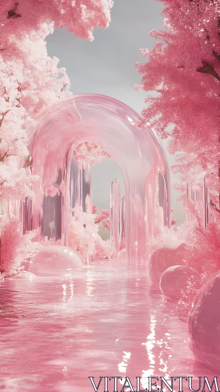 Translucent arch and reflective spheres in pink landscape.