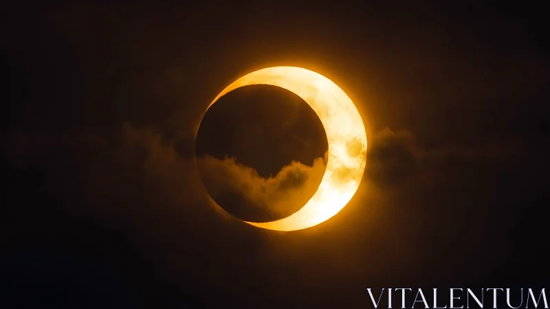 Solar eclipse ring glows through drifting twilight clouds.
