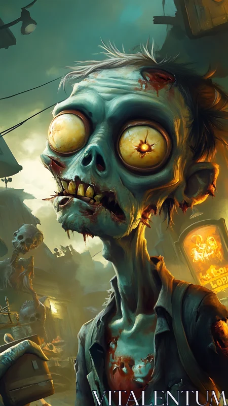 Gaunt wide-eyed zombie wanders through neon-lit ruined street