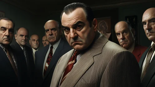 Group of middle‑aged men in suits gathered indoors. Period.