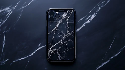 Smartphone lies on dark marble surface with aligned pattern