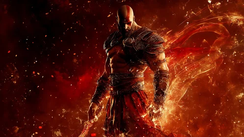 Armored warrior figure in red flames on dark backdrop.