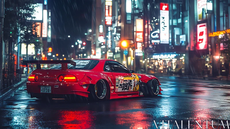 Widebody drift car gleams in neon soaked Tokyo rainstorm.
