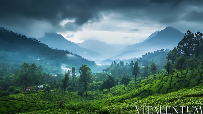 Misty tea valley welcoming you into gentle green hills.