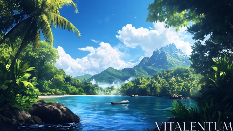 Tropical Lagoon With Mountain Vista and Lush Jungle