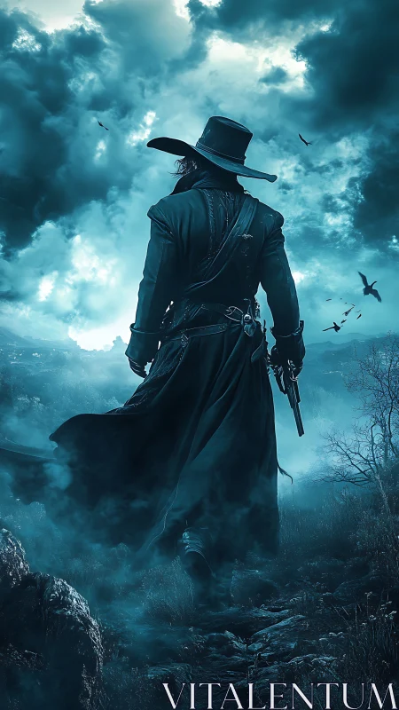 Storm-lit gunslinger strides into a haunted blue frontier