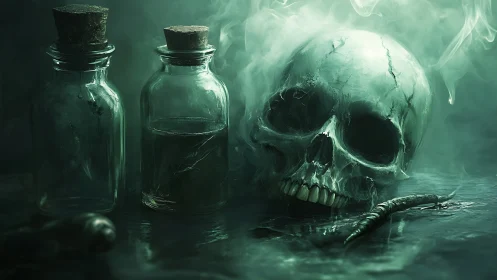 Human skull, glass bottles and worm in dense green vapor.