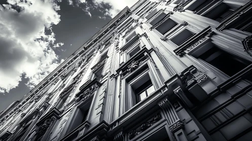 Skyward symphony of ornate façade and storm-tinted clouds.