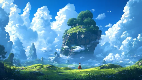 Floating island sanctuary rises above bright dreamlike plains