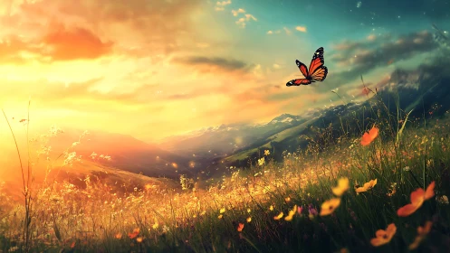 Monarch butterfly over sunlit wildflower hillside at dusk