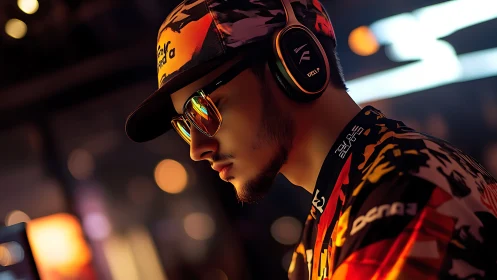 Esports competitor in neon bokeh light, headset and camo cap.