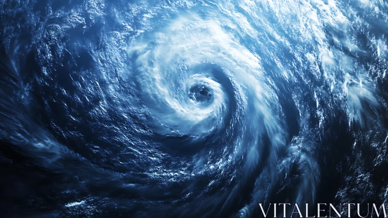 Ocean storm eye swirling in luminous midnight blues.