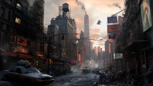 Neon ruins breathe under a bruised cyberpunk dusk sky.