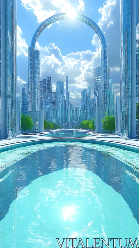 Futuristic glass city skyline with central water plaza.