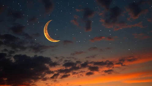 Crescent moon over vivid orange dusk cloud horizon.