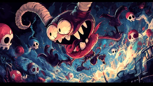 Chaotic horned cartoon demon leaping among flying skulls.