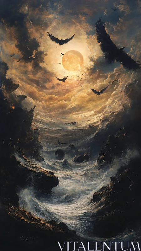 Moonlit storm channel where restless waters meet wild wings.