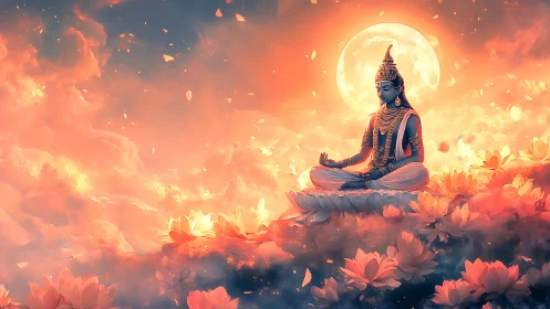 Divine deity meditates on lotus above glowing clouds at moonrise