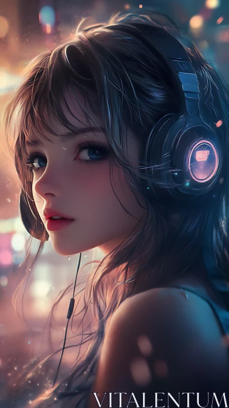 Soft bokeh portrait of headphone listener with neon rim lighting