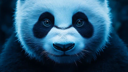Blue-lit panda portrait gazes calmly into the camera.