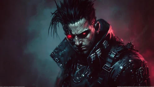 Cybernetic warrior broods in crimson vapor and electric shadow