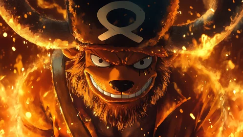 Fiery anime reindeer warrior advances through engulfing flames