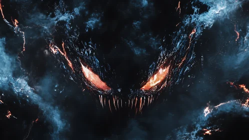 Cosmic ember maw grinning from storm-torn starlit void.