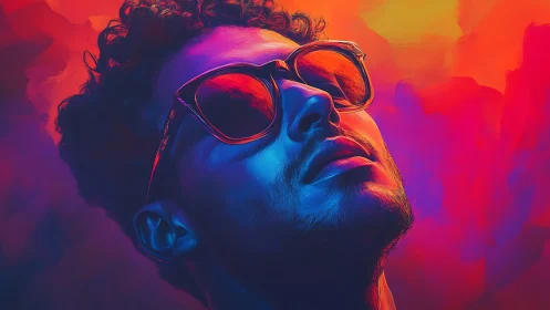 Neon daydream crowns a sunglassed face in molten color haze