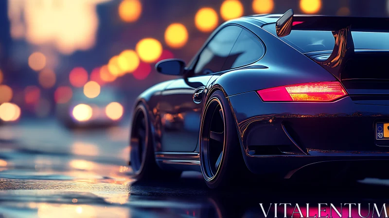 High-gloss sports coupe rendered on wet neon city street