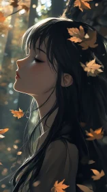 Autumn-lit anime profile with volumetric foliage dynamics.