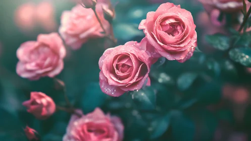 Pink Roses with Raindrops Against Deep Teal Garden Backdrop.