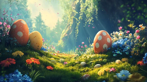 Luminescent polka dot eggs illuminate an enchanted forest glade