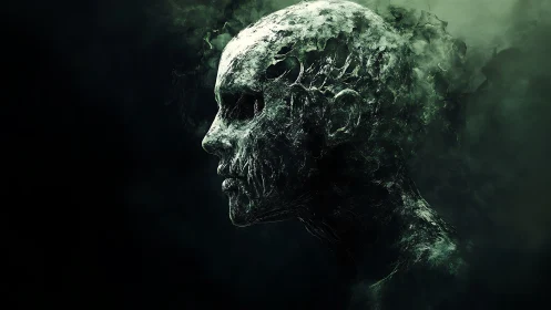 Eroded humanoid head profile in dark green misty void.