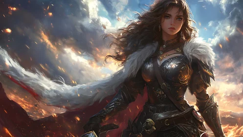 Armored warrior heroine stands against turbulent, firelit sky