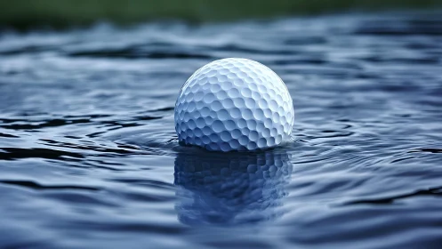 Close-up of golf ball floating on water, hyper-realistic style.