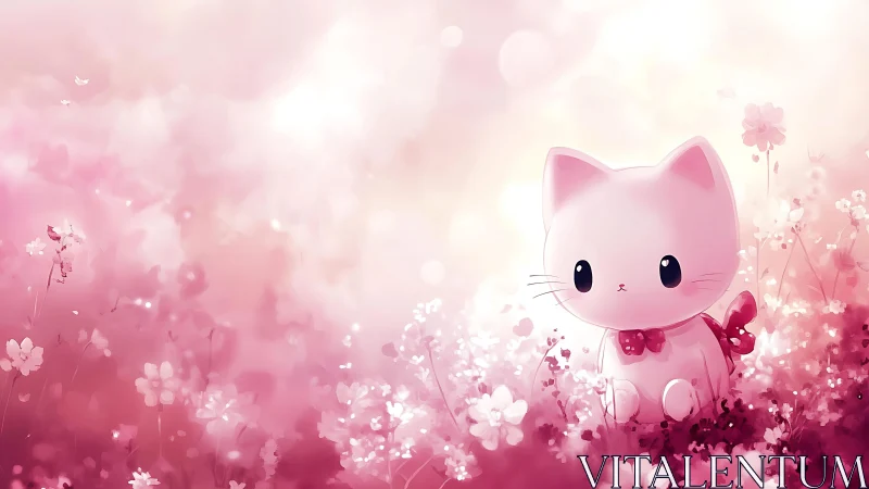 Gentle pink kitten sits peacefully in a dreamy flower meadow