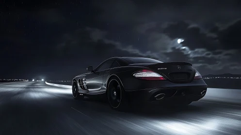 Midnight performance coupe accelerates along luminous highway.