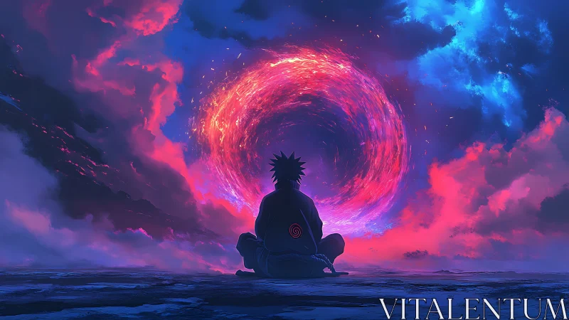 Fiery sky portal swirls as a calm lone figure quietly meditates