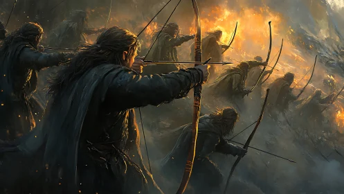Elven archers unleash flaming volley in stormlit battlefield.