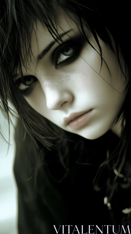 Moody close-up portrait of pale girl with dark smoky eyes