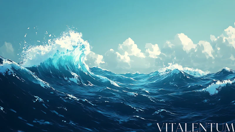 Ocean surface shows dynamic blue waves under clear sky