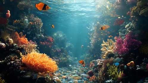 Sunlit clownfish glide through a colorful thriving reef garden