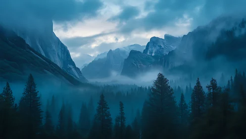 Nocturnal alpine valley with fog-diffused blue atmospheric depth