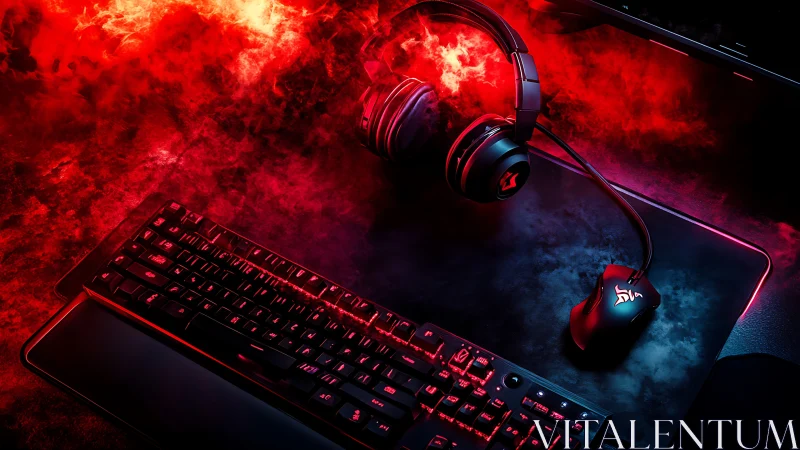 RGB gaming keyboard, mouse and headset on dark desk.